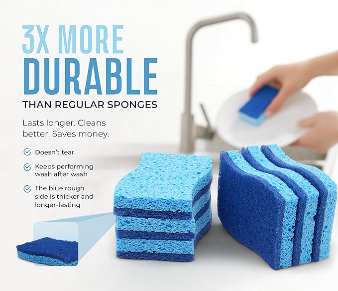 RSLIFE Blue Scrub Sponges Pack of 6 – Dual-Sided Kitchen Sponges for Cleaning – Non Scratch for Dishes, Bathroom, Surfaces – Durable Dishwashing Sponge