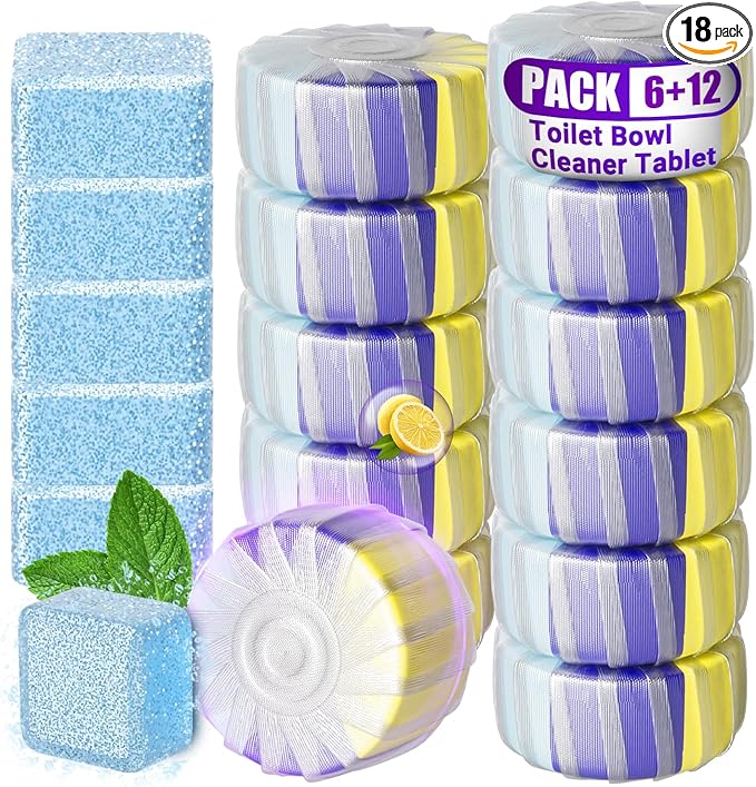 Nunemosk 18 Pack Upgraded Toilet Bowl Tablets, 12 Pcs Triple Effect Toilet Bowl Tablets + 6 Pcs Tank Cleaner With Bleach, 2:1 Toilet Bowl Cleaners Drop In Tank For Deodorizing & Descaling(18 Pack)
