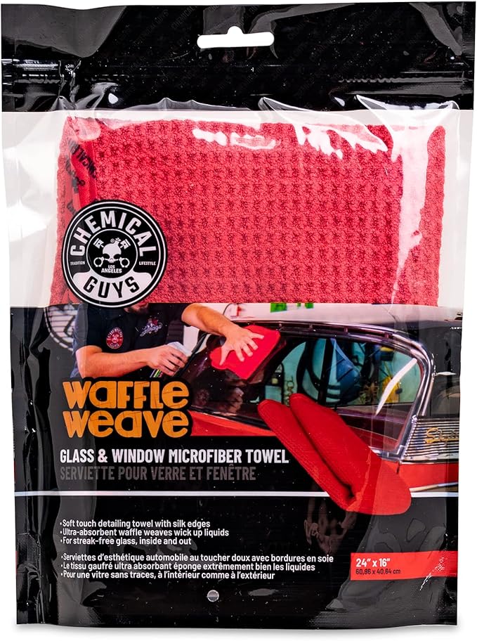 Chemical Guys Waffle Weave Red Microfiber Drying Towel - 24" x 16", 70/30 Blend Microfiber Towel with Silk Edging for Scratch-Free Car Drying, Ultra Absorbent and Safe for All Surfaces
