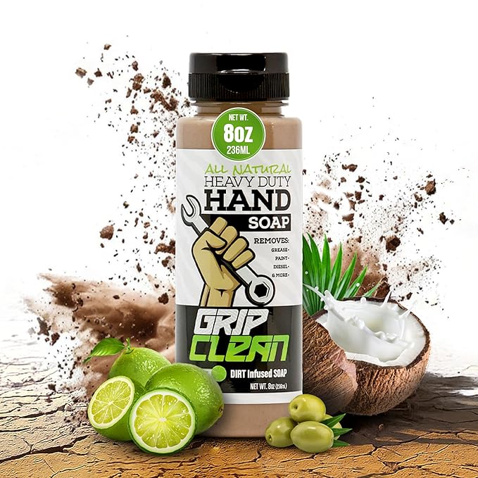 Grip Clean Heavy Duty Hand Cleaner for Mechanics – Natural Pumice & Clay-Infused Technology Removes Grease, Oil & Grime – Moisturizing Liquid Hand Soap for Shop, Garage & Industrial Use – 8 oz