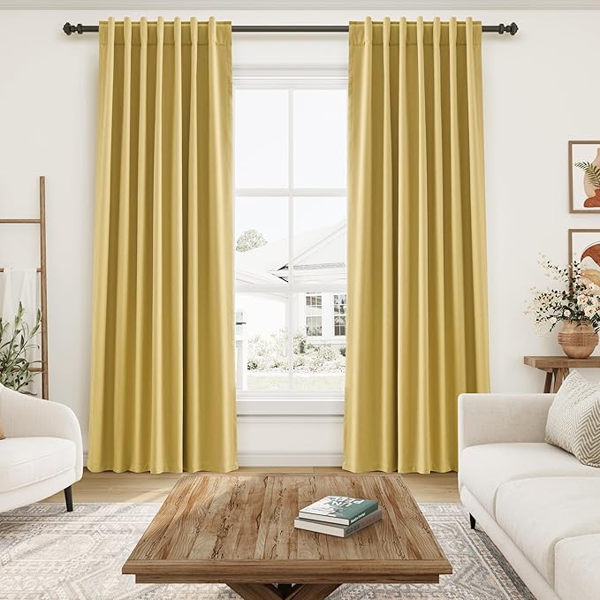Full Black Out Gold Window Curtains 96 Inches Long Thermal Insulated Back Tab Rod Pocket Heat Reducing Noise Reducing Room Darkening 2 Panels Set for Bedroom Modern Urban Curtains Drapes 52x96