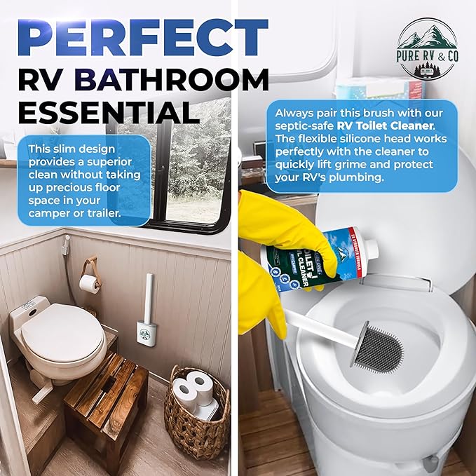 RV Toilet Brush and Holder Set, Compact Silicone Bowl Brush for Camper, Trailer & RV Toilets – Wall Mounted, Flexible Head, RV Bathroom Must-Have