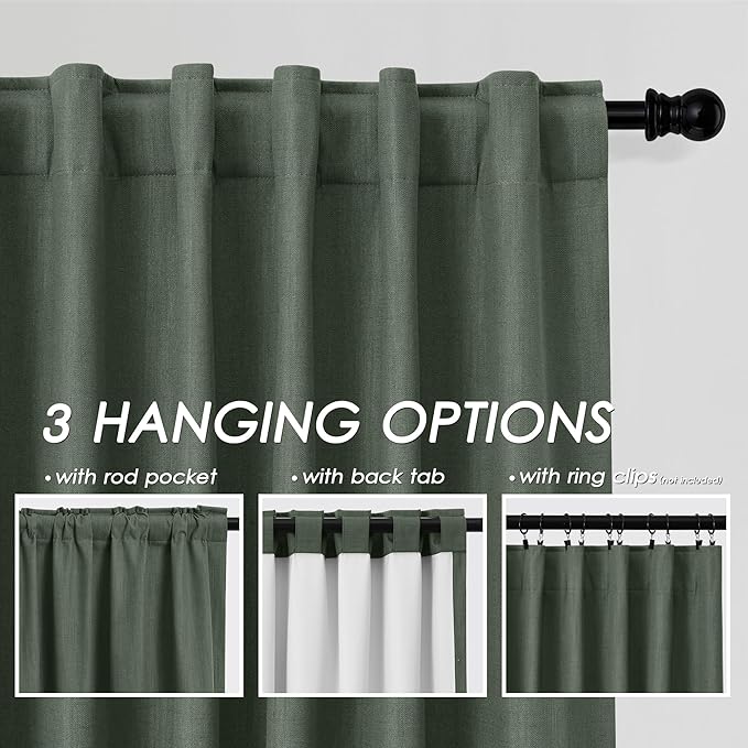 Nanspring Olive Green Linen Blackout Curtains 72 inch Length for Living Room Boho Farmhouse Back Tab Rod Pocket Thermal Insulated Textured Living Room Blackout Curtains 2 Panels Set 52x72 Inch