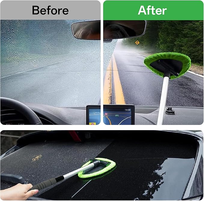 IIUIKOO Windshield Cleaner Tool with Extendable Handle, Car Window Cleaning Kit for Inside & Outside Glass, Includes Microfiber Pads, Brush & Bottle (7 Pcs, Green)