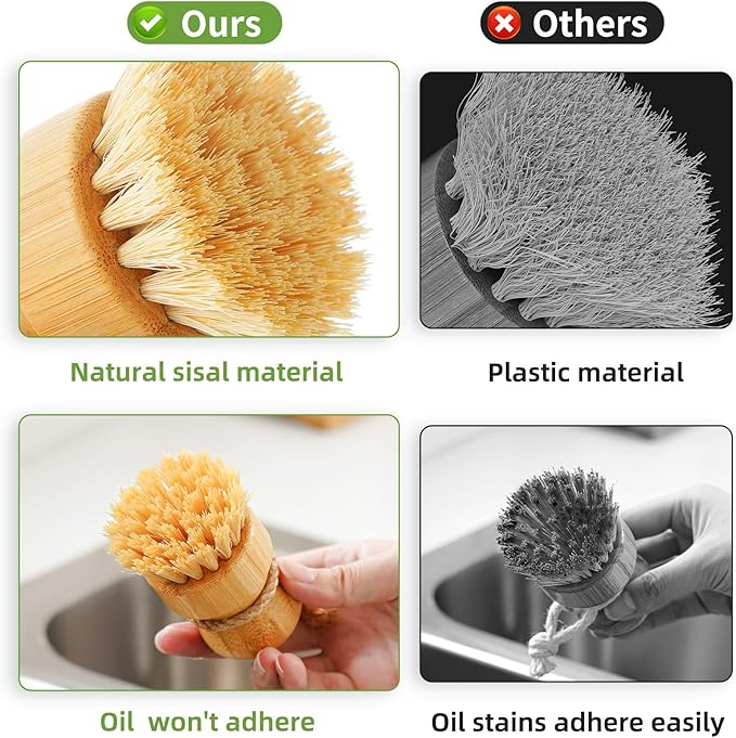 SUBEKYU Bamboo Dish Scrub Brushes for Kitchen, Cleaning Scrubber for Washing Cast Iron Pan/Pot, Natural Sisal Bristles, 1 Pack