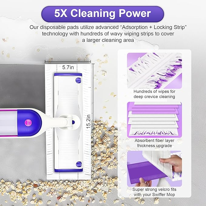 32 Count Disposable for Swiffer Power Mop Pads, 5X Cleaning Power Mop Refills, Replacement Floor Cleaning Refills, Non-Washable & Unscented for Floor Surface Cleaning