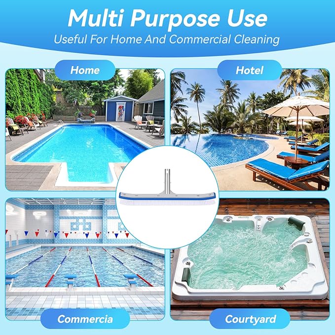 18'' Heavy Duty Swimming Pool Brush – Plastic Bristles, Curved Edge for Cleaning Walls, Tiles, Floors, Steps – Fits Inground & Above Ground Pools