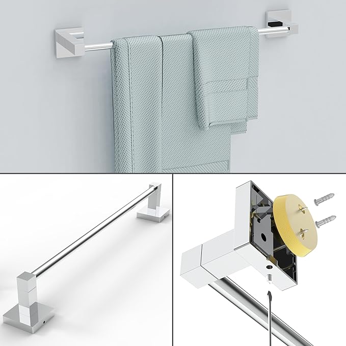 Ruacq Chrome 4pcs Bathroom Hardware Set-Toilet Paper Holder-Towel Ring -Towel Hooks for bathrooms-18 Inch Towel Bar Stainless Steel Wall Mounted, Bathroom Accessories Set