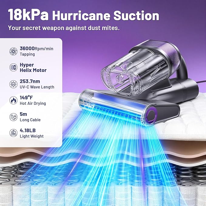 LED Display Mattress Vacuum Cleaner, 18Kpa Bed Vacuum Cleaner with 253.7nm UV-C Light, 149℉ Heat, Triple-Cup Versatile Handheld Vacuums for Bed Sofa Carpets Pet Hair