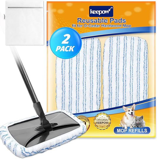 KEEPOW Reusable Mop Pads Compatible with O Cedar Hardwood Floor'N More Microfiber Mop, Mop Refill Heads Replacements for Wet and Dry Use, 15x8 Inch (2 pcs)