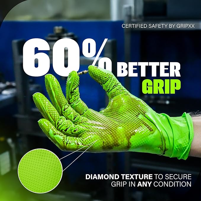Herkules Grip Heavy Duty 8Mil Green Nitrile Gloves,3D Raised Diamond Texture-Latex & Powder Free-Industrial, Mechanic | Pack of (200 CT)