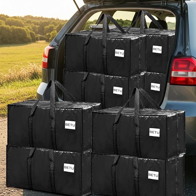 Extra Large Moving Bags Heavy Duty Storage Bags with Zipper Handles, BETU 8 Pack Clothes Storage Totes Bins Packing Moving Boxes, Moving Supplies for College Dorm Essentials, Space Saving, Black