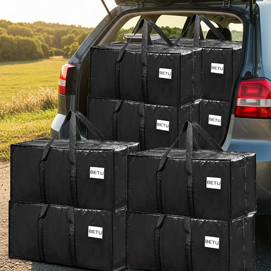 Extra Large Moving Bags Heavy Duty Storage Bags with Zipper Handles, BETU 8 Pack Clothes Storage Totes Bins Packing Moving Boxes, Moving Supplies for College Dorm Essentials, Space Saving, Black