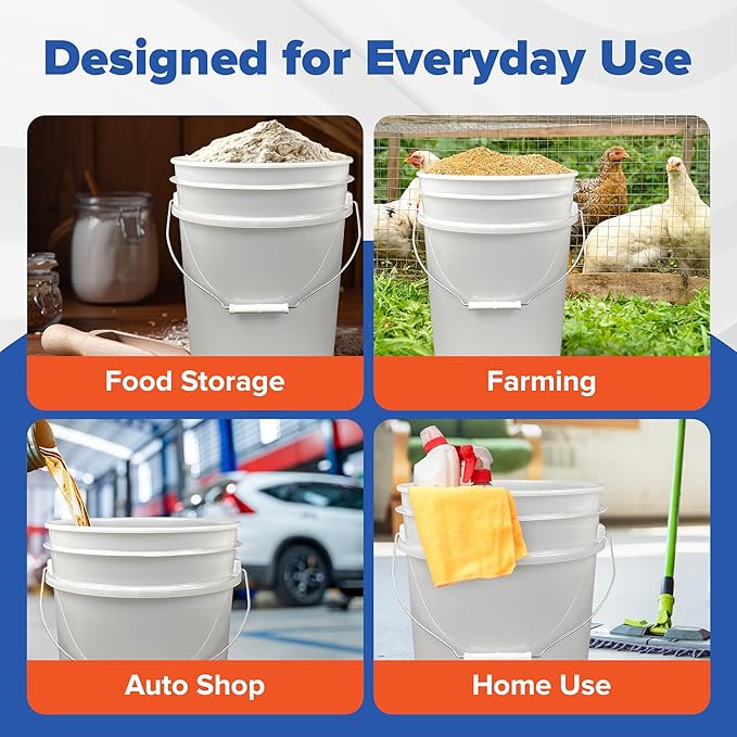 ePackageSupply 5 Gallon White Bucket with Gamma Seal Screw on Airtight Lid | Made in USA | Food Grade | Heavy-Duty | Durable 90 Mil All Purpose Pail | Easy Stack and Store | BPA Free (6 Count), White