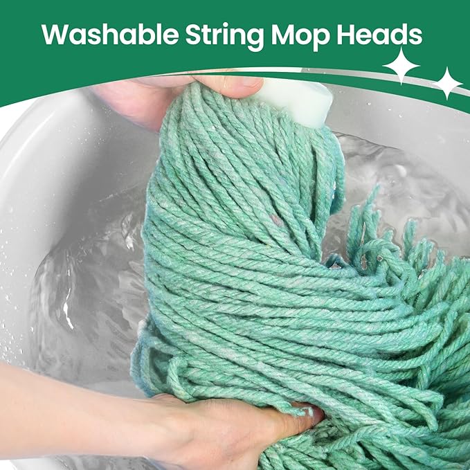 Matthew Cleaning Screw-on Heavy Duty Cotton Wet Mop Replacement Heads(Green, Medium,12 Pack) with 2 Pack Microfiber Cloth for Residential & Commercial Floor Cleaning Use- Fit Standard American Screw
