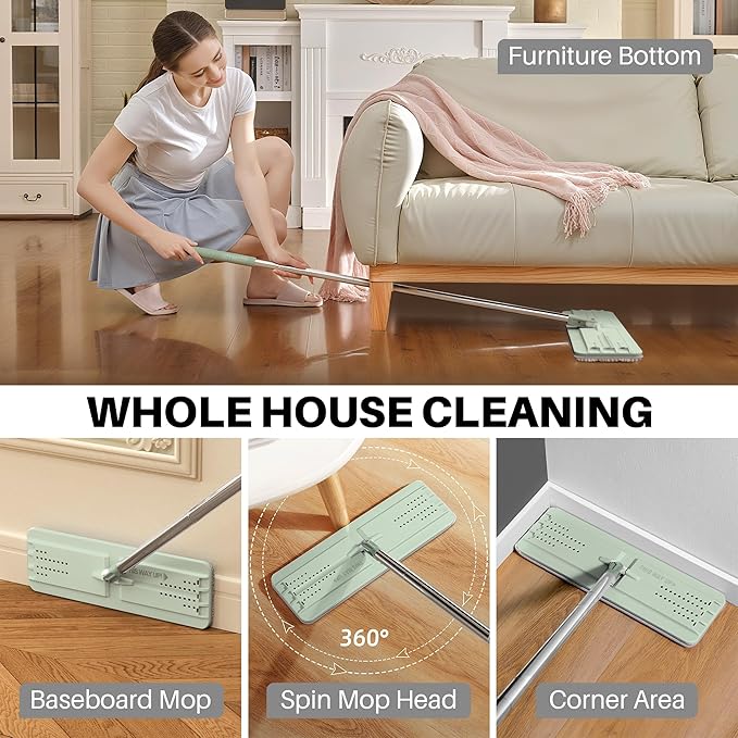 JOYMOOP Flat Mop, Microfiber Mops for Floor Cleaning and Long Handle Wall Cleaner, 60" Mop Handle with Flexible 15" Flat Head with a Microfiber Mop Pad - Green