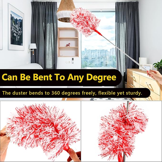 Extendable 20-49inches Microfiber Feather Duster with 3pcs Replaceable Bendable Heads, Extra Long Duster for Cleaning, Electrostatic Dust Remove for Ceiling, Fan, Window, Bookshelves (Red)
