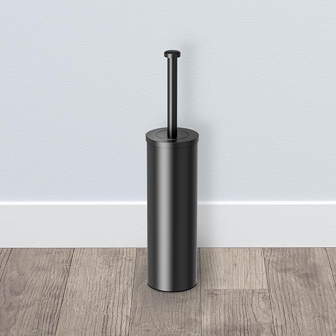 Gatco Modern Round Waste Basket and Toilet Brush Set, Matte Black- Stainless Steel Trash Can with Removable Lid, Leakproof, 3 Gallon Capacity for Bathroom, Bedroom, Kitchen, or Office