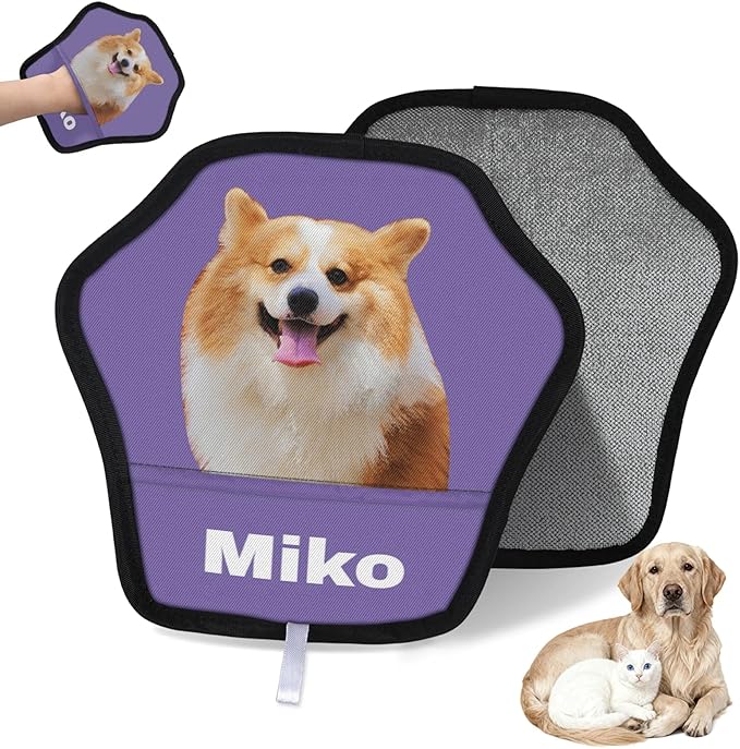 XIOBODR Personalized Pet Hair Remover Glove for Dogs & Cats - Custom Photo & Name Magic Brush for Dog Cat Hair Removal, Reusable Electrostatic Pet Hair Gloves for Furniture Carpet Couch, Photo Purple