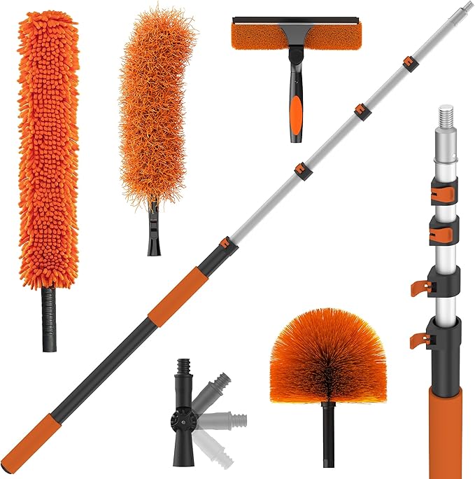 TONYINGO 26FT High Reach Duster Kits with 5-20FT Extension Pole, Cobweb Duster with Telescoping Pole, Washable Ceiling Fan Cleaner & Window Squeegee for Glass Surfaces & High Roof
