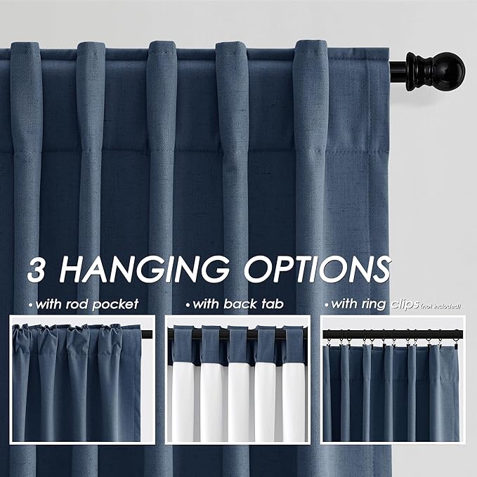 Nanspring Denim Blue Linen Blackout Curtains 96 Inches Long Loop Pocket Rod Pocket Flax Linen Noise Reducing Full Shading 2 Panels Set for Dining Room Elegant Modern Curtains Drapes 52x96