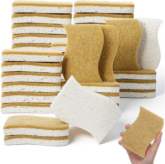 36PCS Natural Kitchen Sponge, Dual-Sided Sisal Fiber Cellulose Scrubber Sponge, Non-Scratch Household Scrub Sponges, Eco Multipurpose Cleaning Foam for Dishes Kitchen Bathroom Household