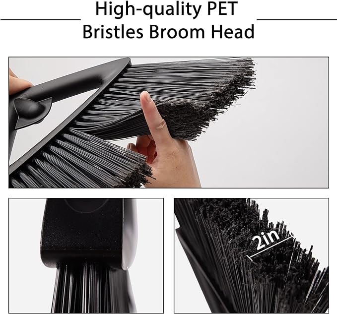 Eyliden Commercial Angle Broom and Dustpan Combo, with Long Handle, Lobby Dust Pan Sweep Set for Outdoor Garages Courtyard Sidewalks Decks Indoor Home Kitchen Room Office (Black Broom+Dustpan)