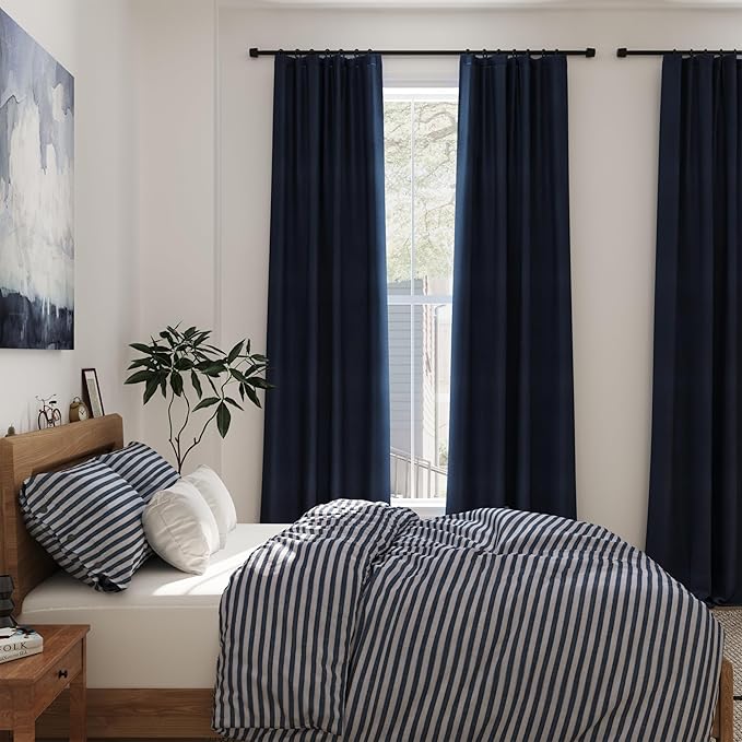Navy Blue Linen Blackout Curtains 120 Inch Length 2 Panels Set Extra Long 10 Ft Back Tab Pocket Drapes Cotton Textured Thermal Insulated Total Blocking Curtain for Dining Room Cottage High Window