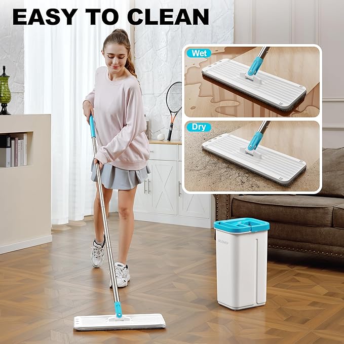 BEJOMOP Mop and Bucket Set with Wringer, Dry & Wet Wall Mop Cleaner with Long Handle, Flat Squeeze Spin Dust Mop for Household Floor Cleaning with 4 Microfiber Mops, Turquoise-Cyan