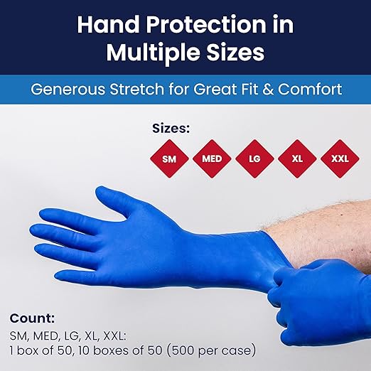 Adenna HERO Disposable Latex Gloves - 14 Mil, NFPA-Approved Heavy Duty Glove with 12" Extended Cuff & Micro-Textured Grip, Exam Grade, Powder Free, Pack of 50, Large, Blue