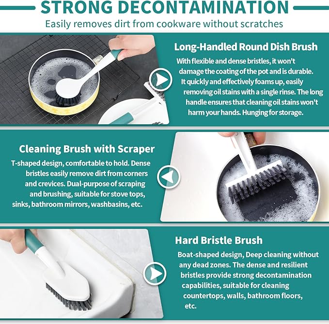 Xicennego 3 Pack Kitchen Cleaning Brush Set,1 Pot and Dish Cleaning Brush with Long Handle,1 Kitchen and Bathroom Brush with Scraper Strip, 1 Hard-Bristled Brush for Sink, Countertops, Tiles（Green