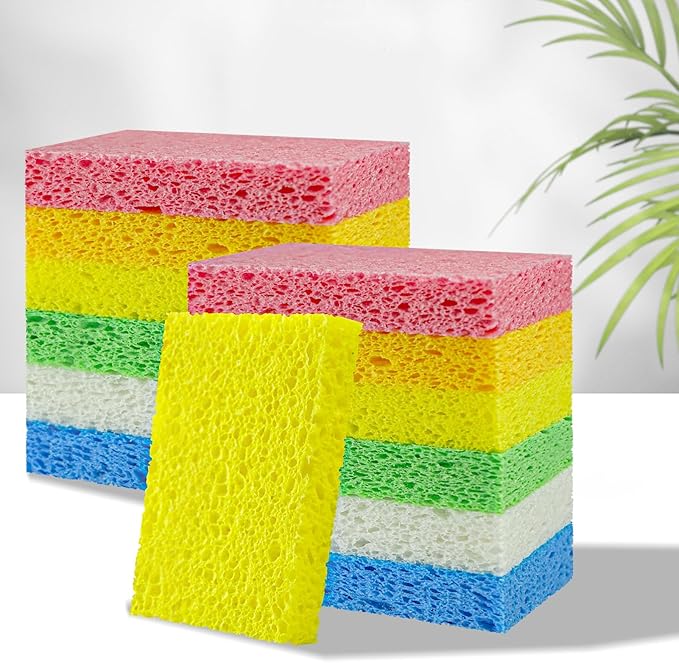 Non-Scratch Kitchen Sponges 6 PCS | Compressed Cellulose Sponges | Natural Biodegradable Sponge for Kitchen Dishes Bathroom Cars | DIY Cut-Outs for Kids