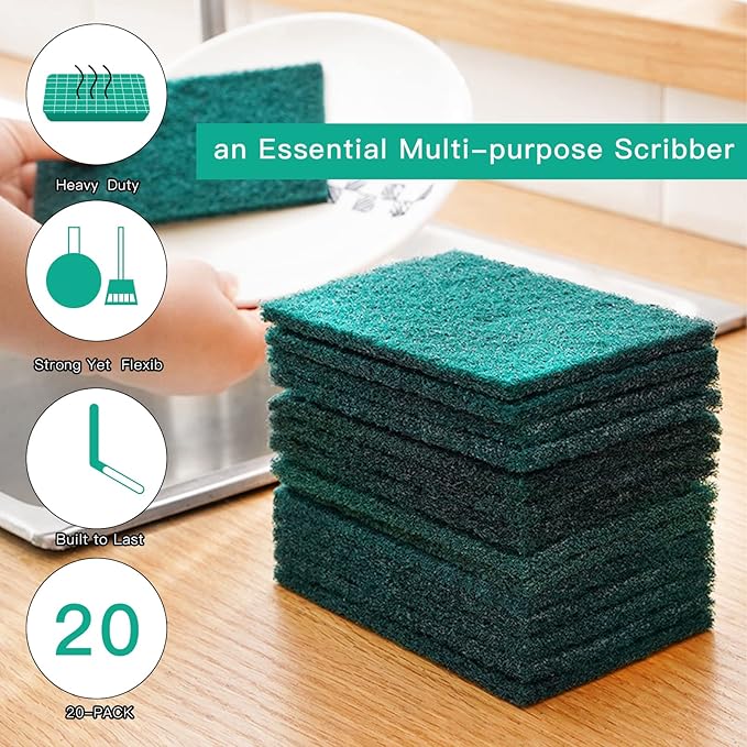 GUEICN Heavy Duty Scour Pads Sponge Dish Scrubber Non-Scratch Green Reusable Household Scrub Pads for Kitchen and Dish Cleaning Tool (12Pcs)
