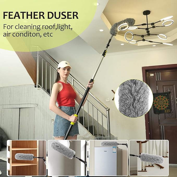 【Upgrade Anti Rotation 】 20FT High Reach Duster Kit,Lightweight Aluminum Alloy Extension Rod,5-Piece Set,210° Steering Head Clean Various Angle,for Cleaning Ceiling,High Wall