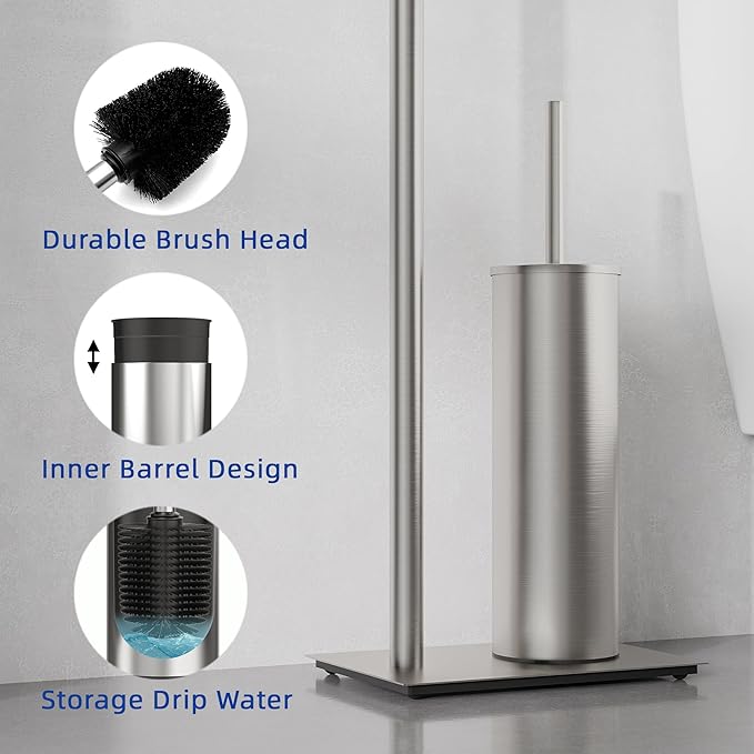RUACQ Toilet Paper Holder Stand with Toilet Brush and Holder Set, 304 Stainless Steel Bathroom Toilet Tissue Paper Roll Holder Free Standing, Weighted Base, Heavy Duty (Brushed Nickel)