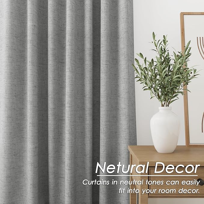 Blackout Charcoal Linen Curtains 96 Inches Long Back Tab Heat Reflective Full Light Block Out Curtain 2 Panels for Bedroom Window Textured Long Draperies with Liner Floor to Ceiling Length 52x96