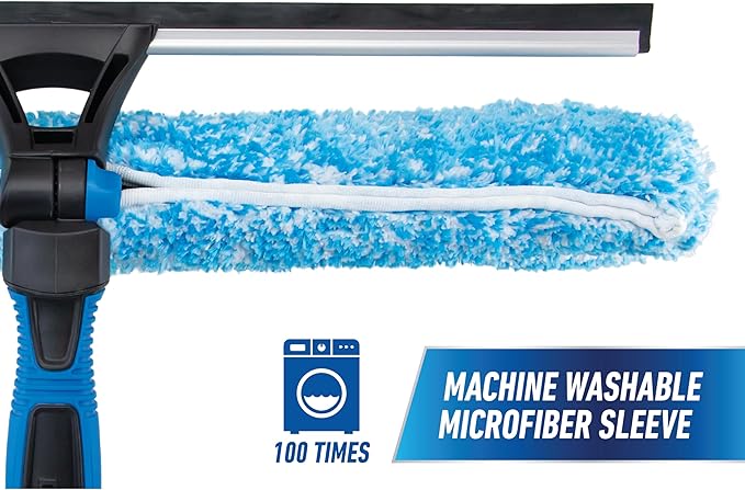 Unger Professional Connect and Clean 18” Proflex 2-in-1 Squeegee and Scrubber, High Access Window Cleaning Tool with Pivoting Head, Commercial and Residential Use, Reusable Microfiber Sleeve