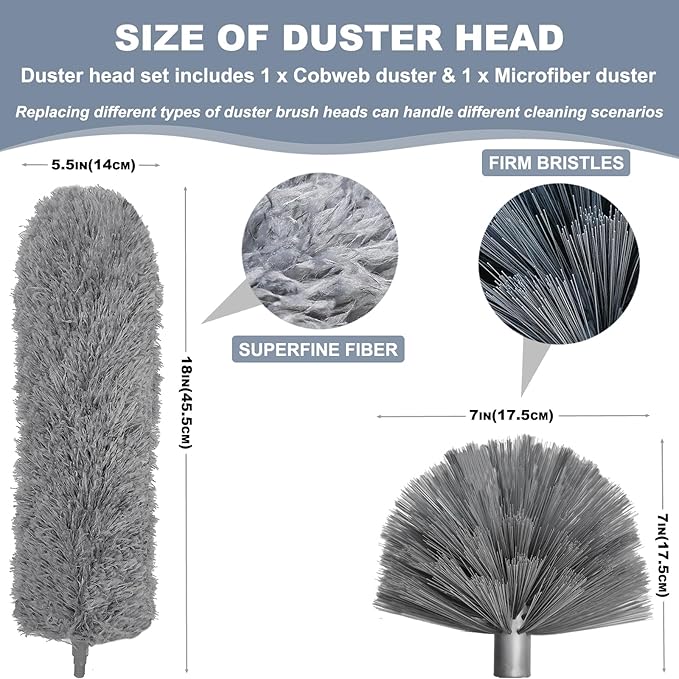 100 Inch Cobweb Duster, Spider Web Brush & Microfiber Feather Duster with 100" Extension Pole, Bendable Head, Scratch-Resistant Cover, Washable Duster for Home Ceiling, Fan, Furniture (Gray)