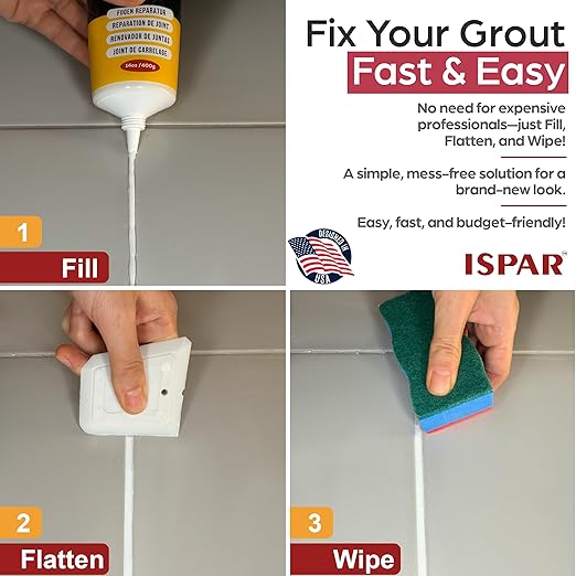 Tile Grout Repair Kit – White Grout Filler 14 oz for Wall and Floors Tile Joints with Spatula and Sponge, Repair Mortar, Fill and Reviver The Joints, Quick-Drying, Ready Mixed Grout