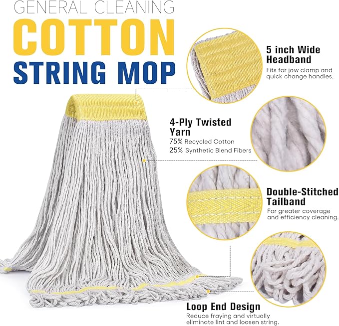 Matthew Cleaning Commercial Mop Head Replacement, 5 Inch Wide Headband, Looped End Cotton Blend String Wet Mops for Floor Cleaning, 18 oz Medium, Case Pack 12 Pcs White
