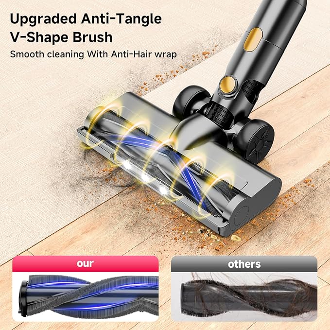 Vaconly Cordless Vacuum Cleaner, 8 in 1 40Kpa 55Mins,Lightweight Vacuum Cleaners for Home, Stick Vacuum with Anti-Tangle Brush,Wall Mount, Rechargeable Cordless Vacuum for Floor/Sofa/Pet Hair,Gold