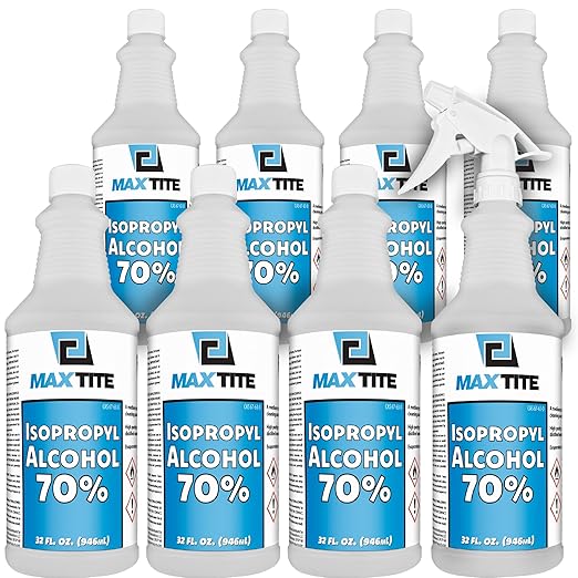 MaxTite 70% Isopropyl Alcohol (2 Gallons (8 Pack, 32 fl oz) - Includes Heavy-Duty Spray Nozzle - Made in USA