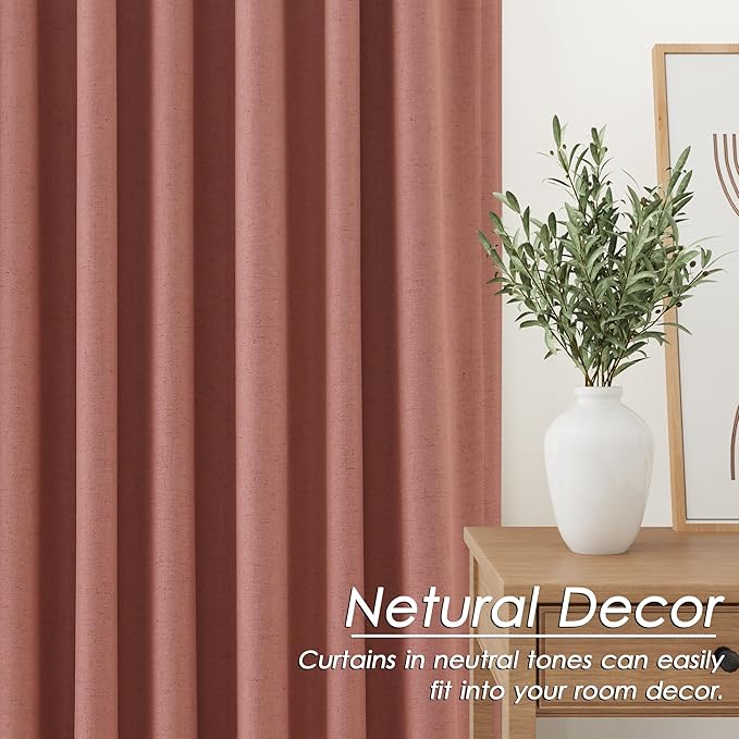 Blackout Linen Curtains 90 Inch Length 2 Panels Canyon Rose Rustic Farmhouse Back Tab Pocket Noise Reducing Drapes Thermal Insulated Flax Linen Curtains for Bedroom and Nursery Windows 52X90