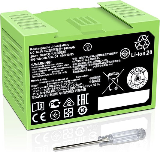 for iRobot Roomba e e5 e6 e5150 e5152 e6198 and i i3 3150 i3+ 3550 i4 4150 i4+ 4552 i6 I7 i7158 i7+ 7150 7550 i8 Plus Replacement Lithium Ion Battery ABL-D1 4624864 4INR19/65 DC 14.4V 1800MAH/26WH