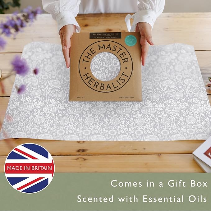 The Master Herbalist LILY OF THE VALLEY Scented Drawer Liners in a GREY William Morris Design | Pack of 5 Sheets (FOLDED) | Contains Essential Oils | Made in Britain