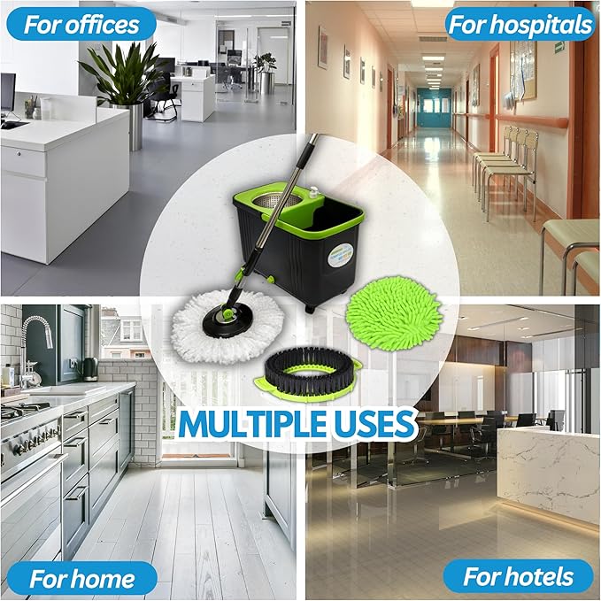 CICLONE ISPINMOP Spin Mop and Bucket P SS 003 with 1 Floor Brush and 1 Chenille Car Wash Mop for Home & Office Cleaning -360 Rotating Mop Spinner and Bucket with 61'' Stainless Steel Mop Handle