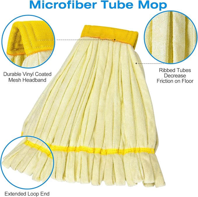 Matthew Cleaning Microfiber Tube Mop(Meduim,Yellow,12Pack) Heavy Duty Mop Head Replacement,Excellent Absorbency,Premium launderability,Reusable,Loop end for Home,Commercial and Industrial Use