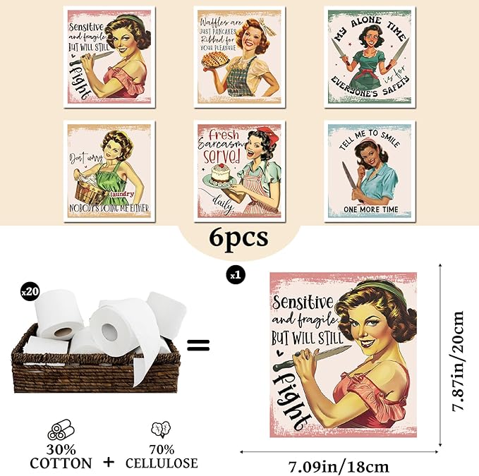 Retro Housewife Dish Cloths for Kitchen, 6 Pack Funny Sarcastic Reusable Swedish Dish Cloths, Absorbent Fast Drying Sponge Cleaning Cloth Towels Wipes for Cooking Home Decoration Housewarming Gift