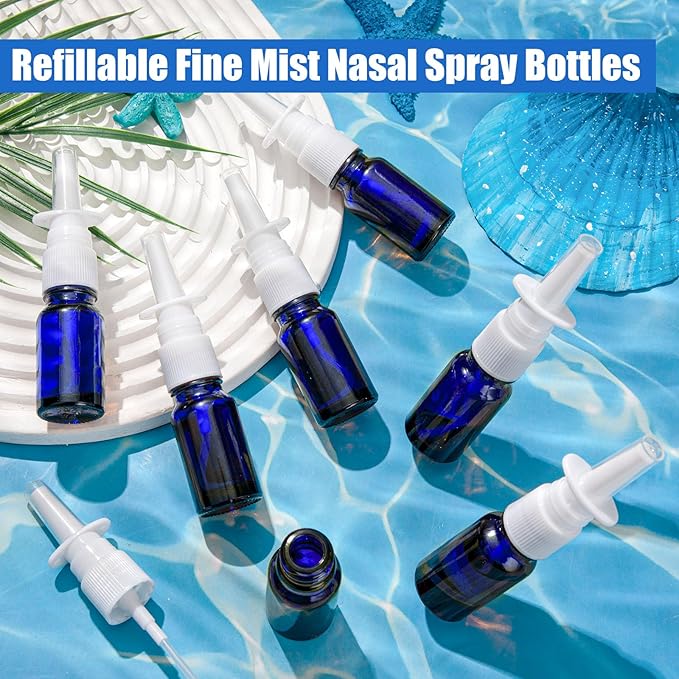 10 Pcs Nasal Spray Bottle, 10ML/0.35OZ 6 Pcs Glass Bule Refillable Fine Mist Nasal Spray Bottles Empty with 2 Pcs Funnels and 2 Pcs Labels