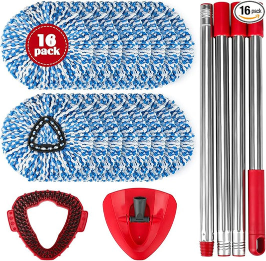 Spin Mop Replacement Set for O-Ceda RinseClean 2-Tank System, 16 Microfiber Spin Mops Refills,1 Scrubber Head,1 Triangle Spin Base,and(31-63in) Adjustable Handle Set Combo